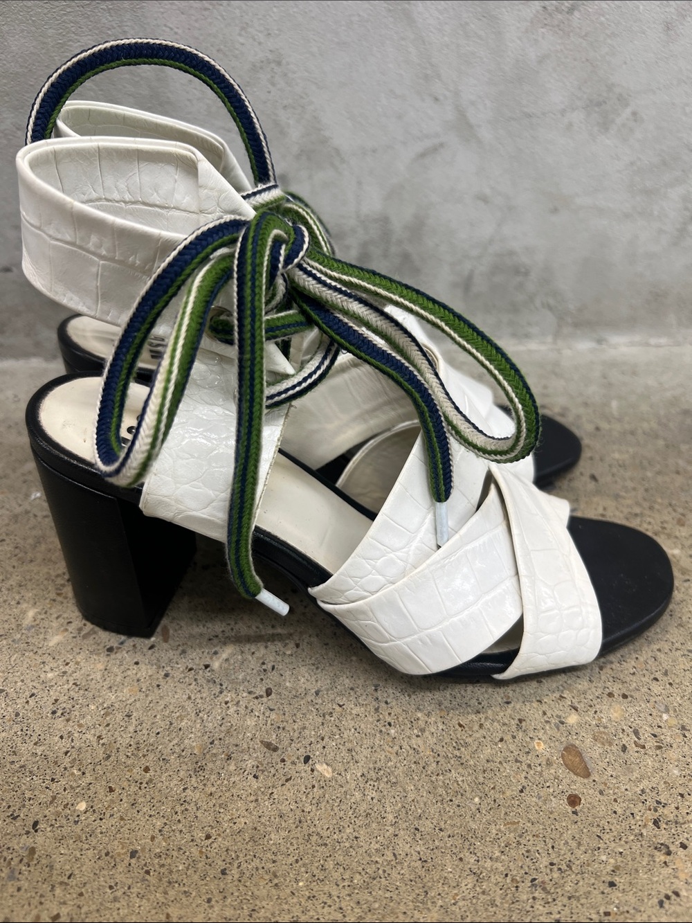 White Croc-Texture Block Heel Sandals with Green Accent Laces